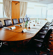 Coprorate Meeting Room with Large Table and Empty Plush Chiars