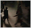 Shadowy Figures with Hats, Overcoats, and Briefcases in Dim Light