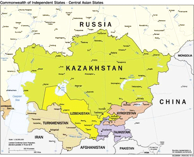 Map of Central Asian Portion of Commonwealth of Independent States and Environs