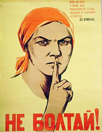 Soviet Propaganda Poster with Woman in Babushka Making a Shushing Motion with Her Forefinger, Above a Caption in Russian Cyrillic Script