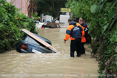 Flood Swamped Cars and Street, Emergency Personnel