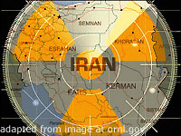 Map of Iran with Stylized Radar Sweep and Gray Radioactivity Symbol