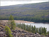 Eastern Siberia Natural Scenery File Photo Including Hills, Trees, Water