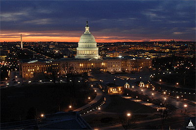 U.S. Capitol at Twilight with Wasington Monument and Washington, D.C., in Background